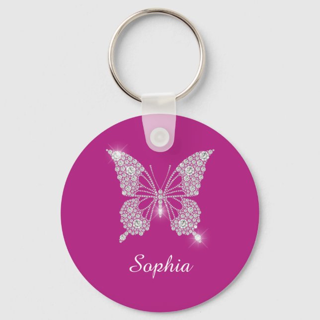 White Diamond Butterfly, Script Name, Deep Fuchsia Key Ring (Front)