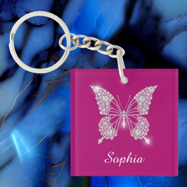 White Diamond Butterfly, Script Name, Deep Fuchsia Key Ring (Creator Uploaded)