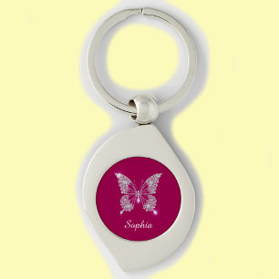 White Diamond Butterfly, Script Name, Deep Fuchsia Key Ring