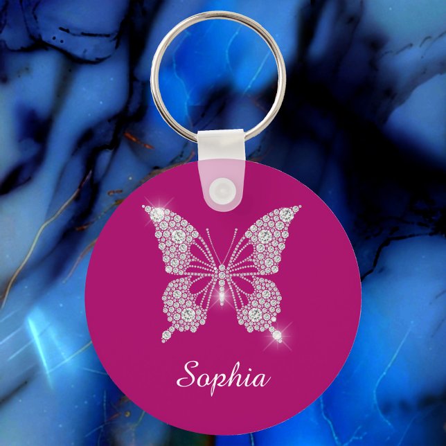 White Diamond Butterfly, Script Name, Deep Fuchsia Key Ring (Creator Uploaded)