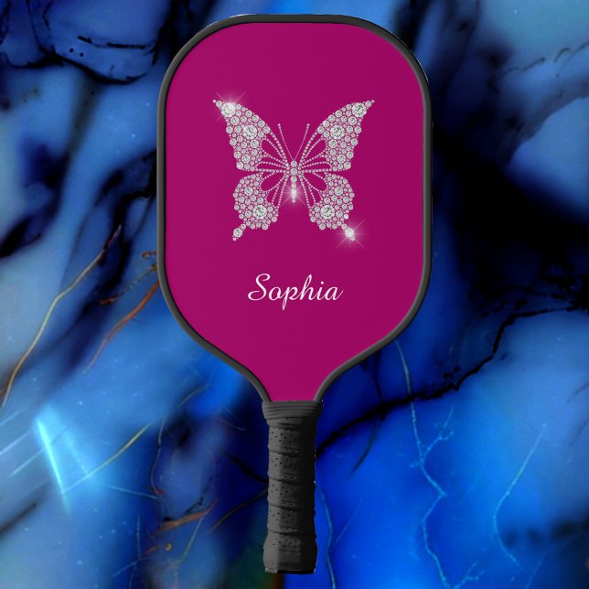 White Diamond Butterfly, Script Name, Deep Fuchsia Pickleball Paddle (Creator Uploaded)