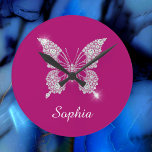 White Diamond Butterfly, Script Name, Deep Fuchsia Round Clock<br><div class="desc">A classy white diamond butterfly with white script name on deep fuchsia background.</div>