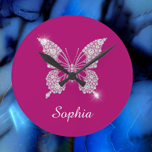 White Diamond Butterfly, Script Name, Deep Fuchsia Round Clock