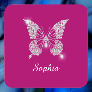 White Diamond Butterfly, Script Name, Deep Fuchsia Square Paper Coaster