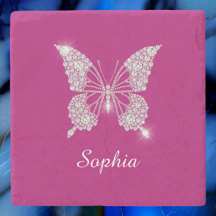 White Diamond Butterfly, Script Name, Deep Fuchsia Stone Coaster