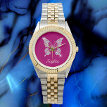 White Diamond Butterfly, Script Name, Deep Fuchsia Watch<br><div class="desc">A classy white diamond butterfly with white script name on deep fuchsia background.</div>