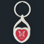 White Diamond Butterfly, Script Name, Deep Red Key Ring<br><div class="desc">A classy white diamond butterfly with white script name on deep red background.</div>