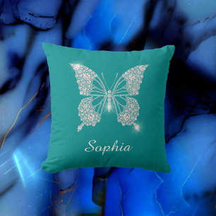 White Diamond Butterfly, Script Name, Deep Teal Cushion