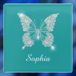 White Diamond Butterfly, Script Name, Deep Teal Glass Coaster<br><div class="desc">A classy white diamond butterfly with white script name on deep teal background.</div>
