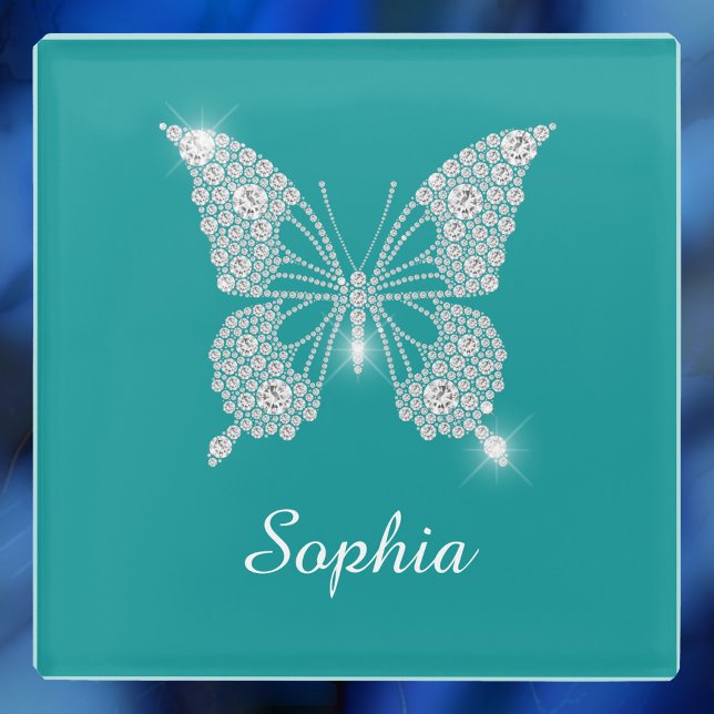 White Diamond Butterfly, Script Name, Deep Teal Glass Coaster (Creator Uploaded)