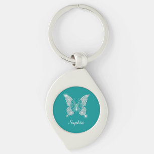 White Diamond Butterfly, Script Name, Deep Teal Key Ring