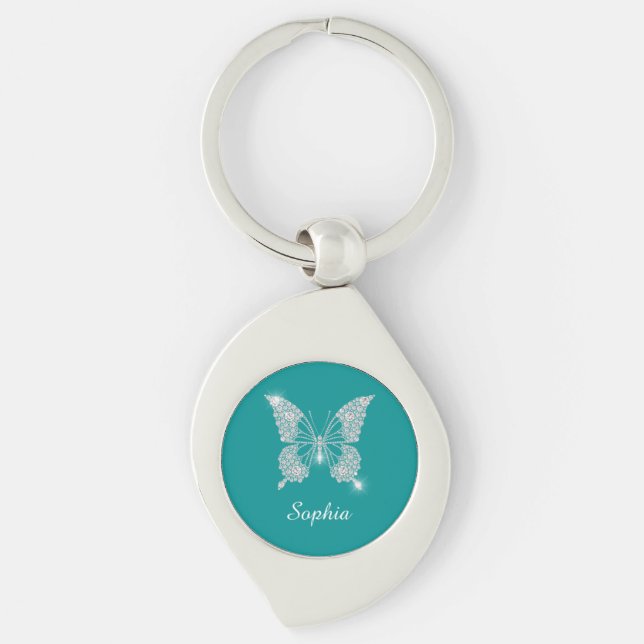 White Diamond Butterfly, Script Name, Deep Teal Key Ring (Front)