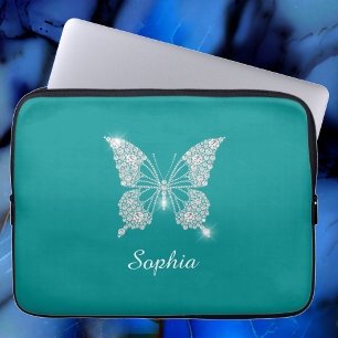 White Diamond Butterfly, Script Name, Deep Teal Laptop Sleeve