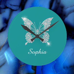 White Diamond Butterfly, Script Name, Deep Teal Round Clock
