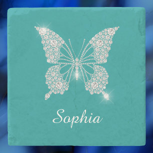 White Diamond Butterfly, Script Name, Deep Teal Stone Coaster