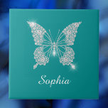 White Diamond Butterfly, Script Name, Deep Teal Tile<br><div class="desc">A classy white diamond butterfly with white script name on deep teal background.</div>