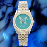 White Diamond Butterfly, Script Name, Deep Teal Watch<br><div class="desc">A classy white diamond butterfly with white script name on deep teal background.</div>
