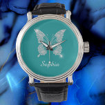 White Diamond Butterfly, Script Name, Deep Teal Watch<br><div class="desc">A classy white diamond butterfly with white script name on deep teal background.</div>