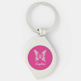 White Diamond Butterfly, Script Name, Fuchsia Key Ring