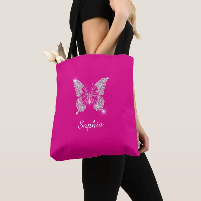 White Diamond Butterfly, Script Name, Fuchsia Tote Bag (Close Up)