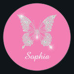 White Diamond Butterfly, Script Name, Pink Classic Round Sticker<br><div class="desc">Personalise white script name on classy white diamond butterfly design with pink background.</div>