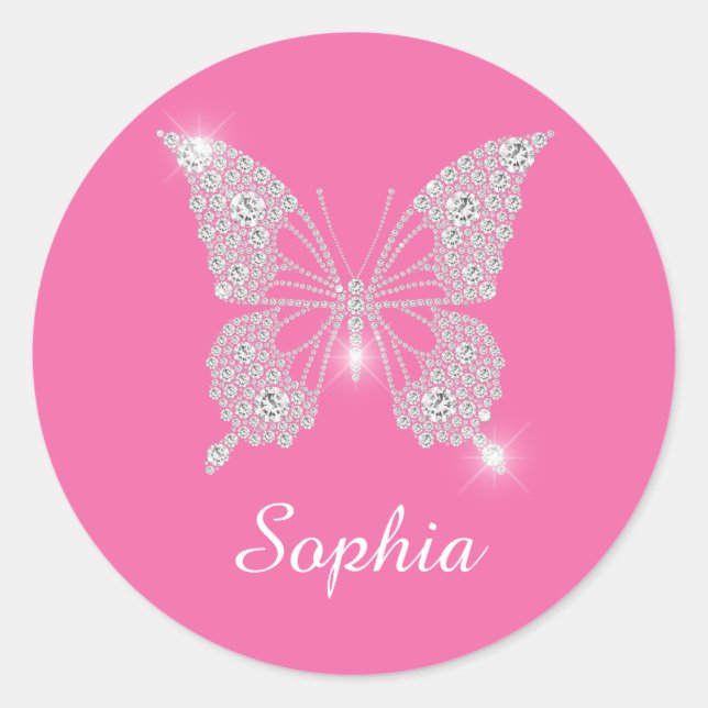 White Diamond Butterfly, Script Name, Pink Classic Round Sticker (Front)