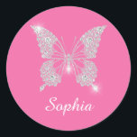 White Diamond Butterfly, Script Name, Pink Classic Round Sticker<br><div class="desc">Personalise white script name on classy white diamond butterfly design with pink background.</div>