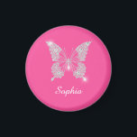 White Diamond Butterfly, Script Name, Pink Magnet<br><div class="desc">Personalise white script name on classy white diamond butterfly design with pink background.</div>