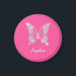 White Diamond Butterfly, Script Name, Pink Magnet<br><div class="desc">Personalise white script name on classy white diamond butterfly design with pink background.</div>