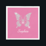 White Diamond Butterfly, Script Name, Pink Napkin<br><div class="desc">A classy white diamond butterfly design to personalize name in white script text on pink background.</div>