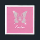 White Diamond Butterfly, Script Name, Pink Napkin<br><div class="desc">A classy white diamond butterfly design to personalize name in white script text on pink background.</div>
