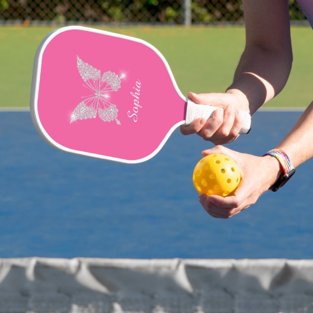 White Diamond Butterfly, Script Name, Pink Pickleball Paddle (Insitu)