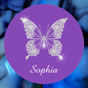 White Diamond Butterfly, Script Name, Purple Classic Round Sticker