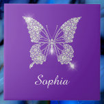 White Diamond Butterfly, Script Name, Purple Tile<br><div class="desc">A classy white diamond butterfly with white script name on purple background.</div>