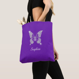 White Diamond Butterfly, Script Name, Purple Tote Bag