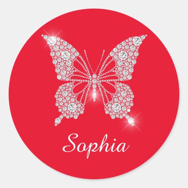 White Diamond Butterfly, Script Name, Red Classic Round Sticker (Front)