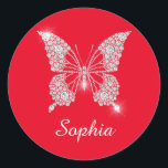 White Diamond Butterfly, Script Name, Red Classic Round Sticker<br><div class="desc">Personalise white script name on classy white diamond butterfly design with red background.</div>
