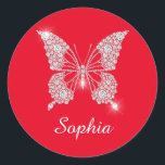 White Diamond Butterfly, Script Name, Red Classic Round Sticker<br><div class="desc">Personalise white script name on classy white diamond butterfly design with red background.</div>