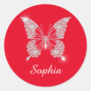 White Diamond Butterfly, Script Name, Red Classic Round Sticker