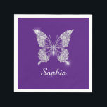 White Diamond Butterfly, Script Name, Royal Purple Napkin<br><div class="desc">A classy white diamond butterfly design to personalise name in white script text on royal purple background.</div>