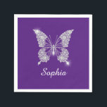 White Diamond Butterfly, Script Name, Royal Purple Napkin<br><div class="desc">A classy white diamond butterfly design to personalise name in white script text on royal purple background.</div>