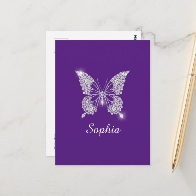 White Diamond Butterfly, Script Name, Royal Purple Postcard (Front/Back In Situ)