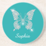 White Diamond Butterfly, Script Name, Teal Coaster<br><div class="desc">A classy white diamond butterfly with white script name on teal background.</div>