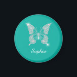 White Diamond Butterfly, Script Name, Teal Magnet<br><div class="desc">Personalise white script name on classy white diamond butterfly design with teal background.</div>