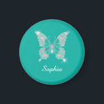White Diamond Butterfly, Script Name, Teal Magnet<br><div class="desc">Personalise white script name on classy white diamond butterfly design with teal background.</div>