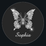 White Diamond Butterfly, White Script Name, Classic Round Sticker<br><div class="desc">Personalise name in white script on a classy white diamond butterfly design on black background.</div>