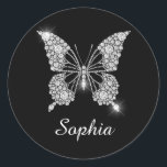 White Diamond Butterfly, White Script Name, Classic Round Sticker<br><div class="desc">Personalise name in white script on a classy white diamond butterfly design on black background.</div>