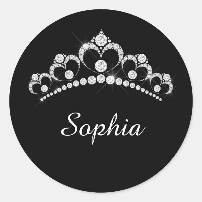 White Diamond Crown, DIY Script Name, Black Classic Round Sticker (Front)