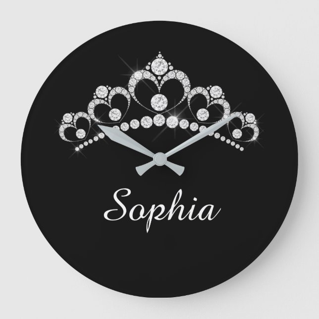 White Diamond Crown, DIY Script Name, Black Large Clock (Front)