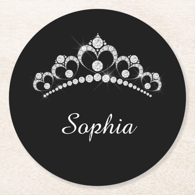 White Diamond Crown, DIY Script Name, Black Round Paper Coaster (Front)
